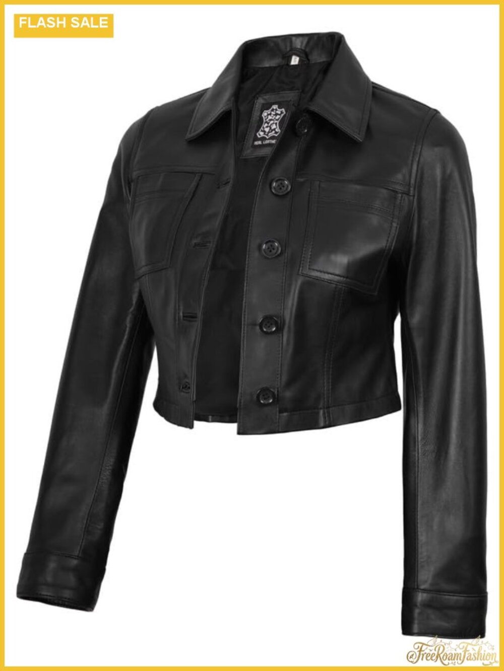 Cropped Real Lambskin Leather Jacket Women Button Collar